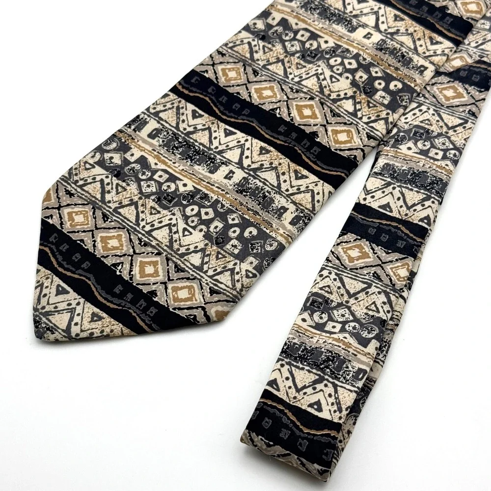 Oleg Cassini Mens Silk Tie Geometric Tribal Pattern Black Tan Made in USA 3.75in